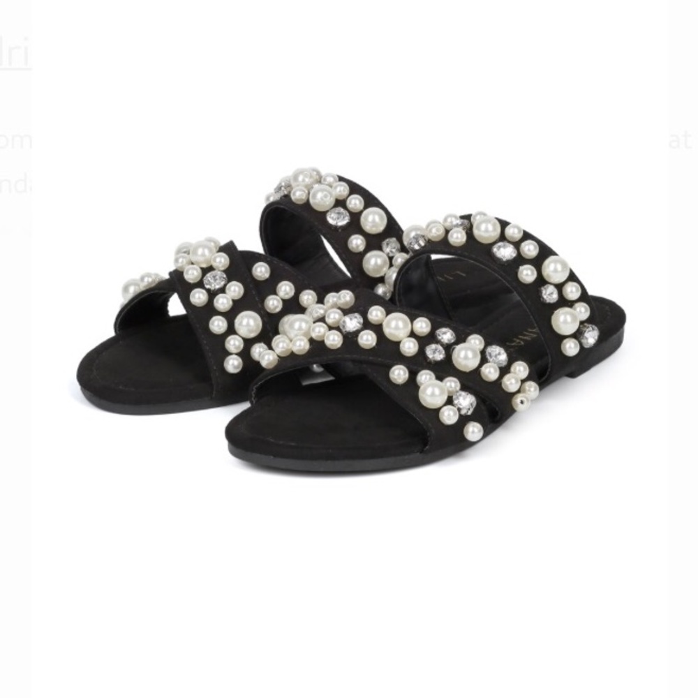 Faux Suede Strappy Faux Pearl& Rhinestone Sandal Size 7 - Picture 2 of 4